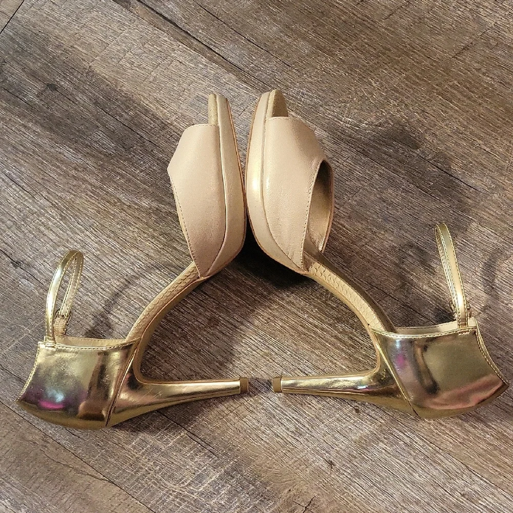 Anne Klein Gold and Cream Peep-Toe Heels - Picture 4 of 8